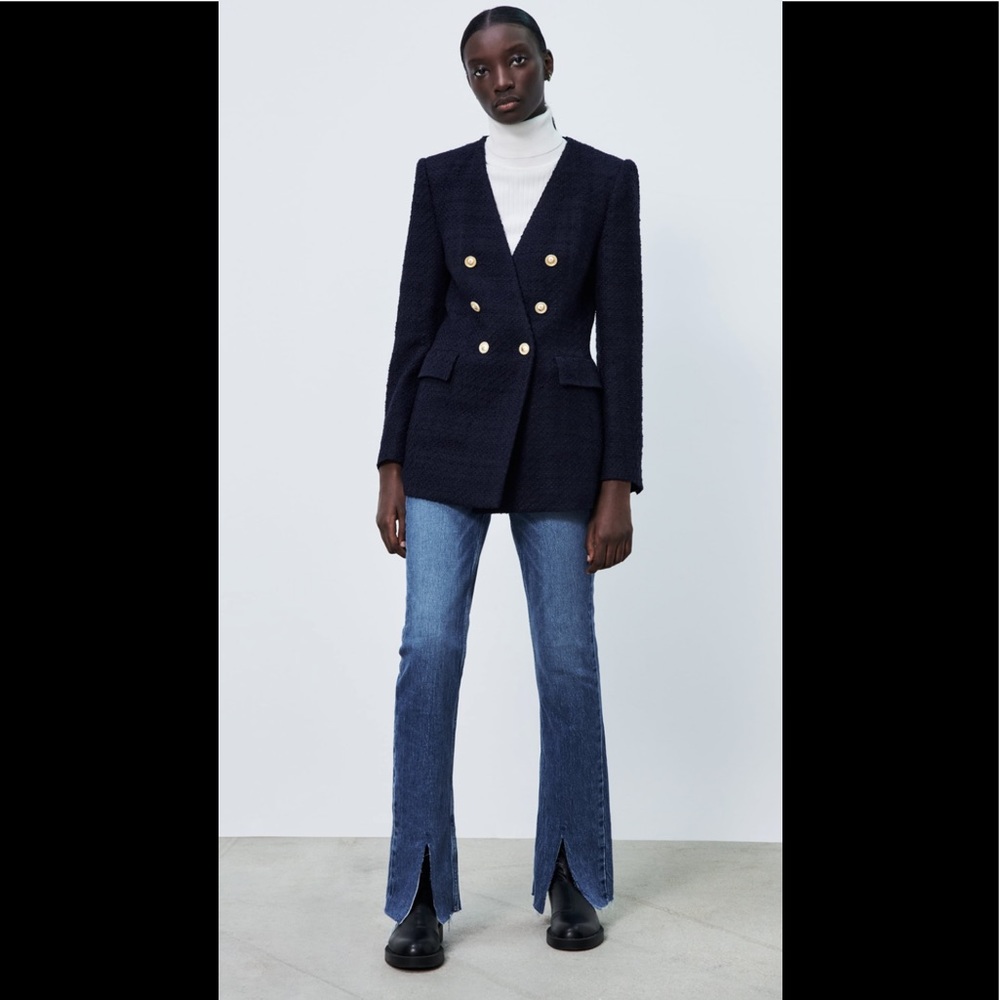 Zara structured lapelless blazer navy blue